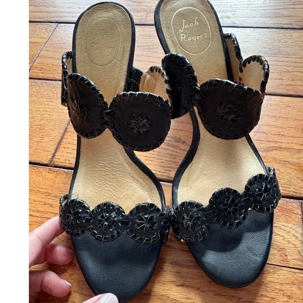 Jack Rogers Wedge Sandal Women 10 Black Preppy Whipstitch Rondelle Leather Shoes